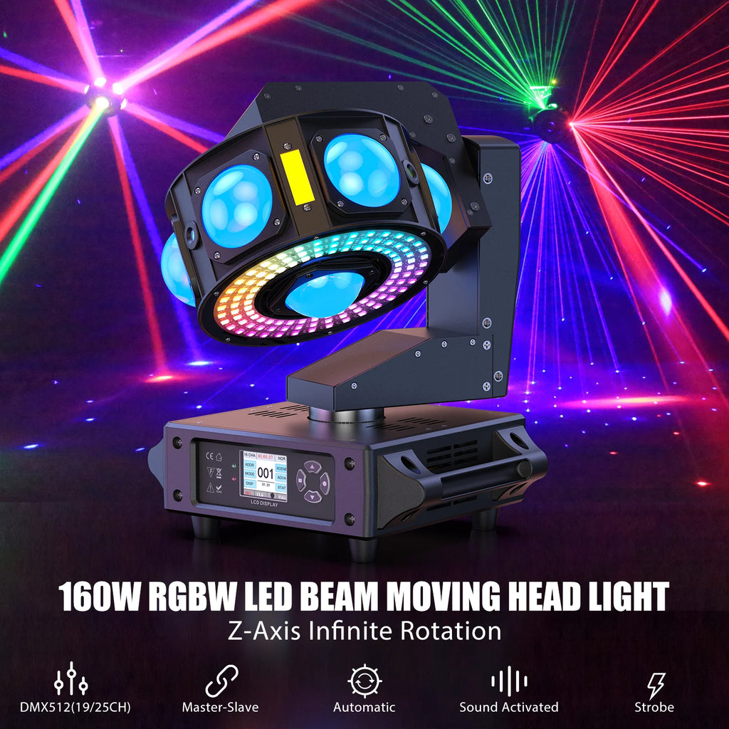 Fieryzeal 160W RGBW Beam Moving Head Light 3-Axis LED Stage Light 360 Rotation DMX Strobe Effect for DJ Disco Wedding Party