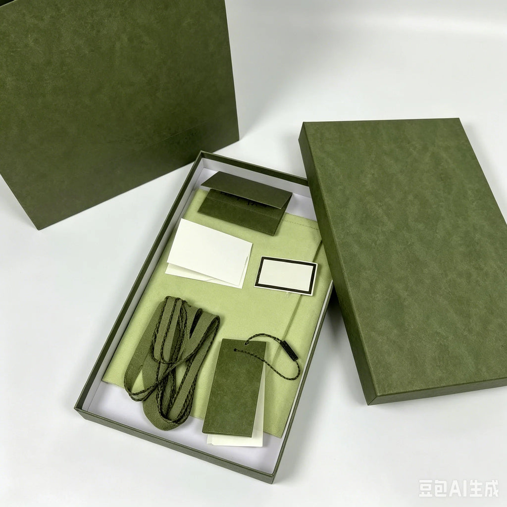 Olive green designer trunk box packaging with matching dust bag, leather strap, and product tags for a crossbody bag.