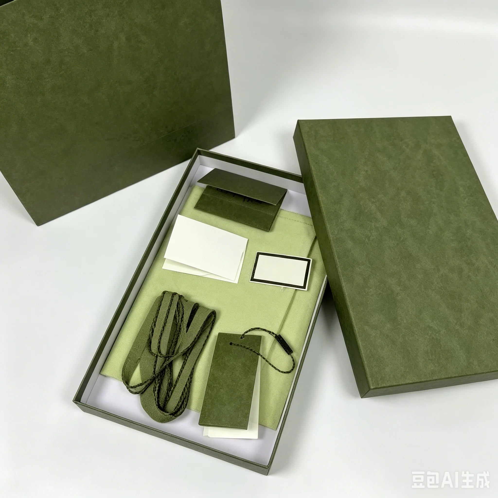 Olive green designer trunk box packaging with matching dust bag, leather strap, and product tags for a crossbody bag.