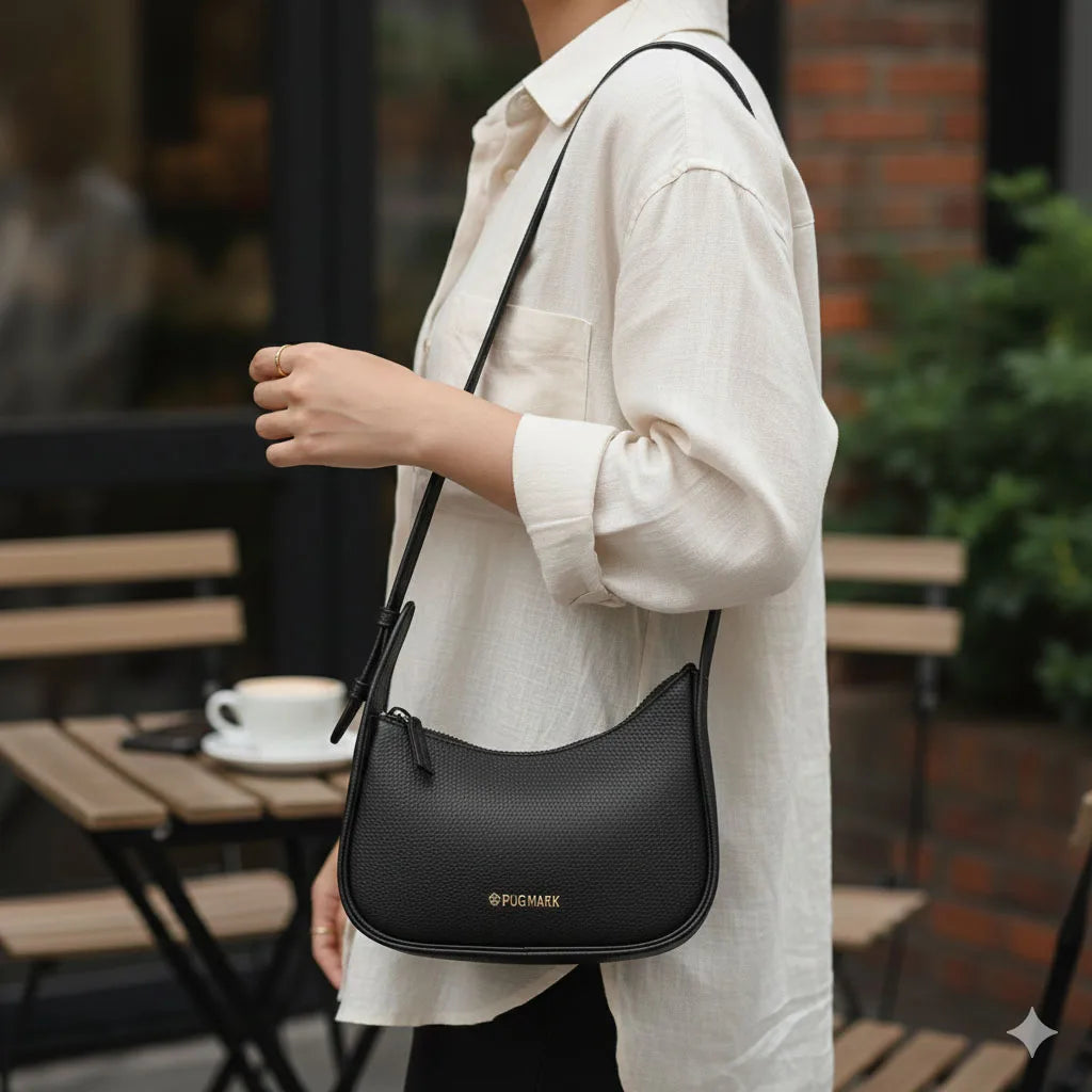 Black pebble leather mini crossbody bag with adjustable strap, top zipper, and gold brand logo. Designer style.