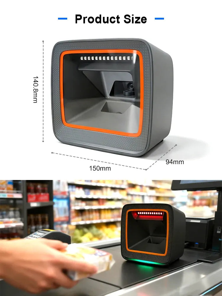 Small desktop 2D barcode scanner with orange bezel and front scanning window