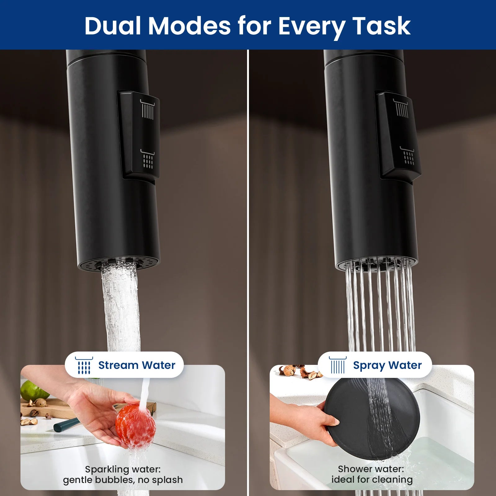 Kitchen Tap Black, Vase Umbrella Shape Pull Down Kitchen Faucet 360 Swivel, 2 Modes Spray Hot Cold Water Mixer, 304 Stainless Steel Sink Mixer, Easy Install DVGW PEX Hose, Standard G3/8 Modern Home Black Water Tap