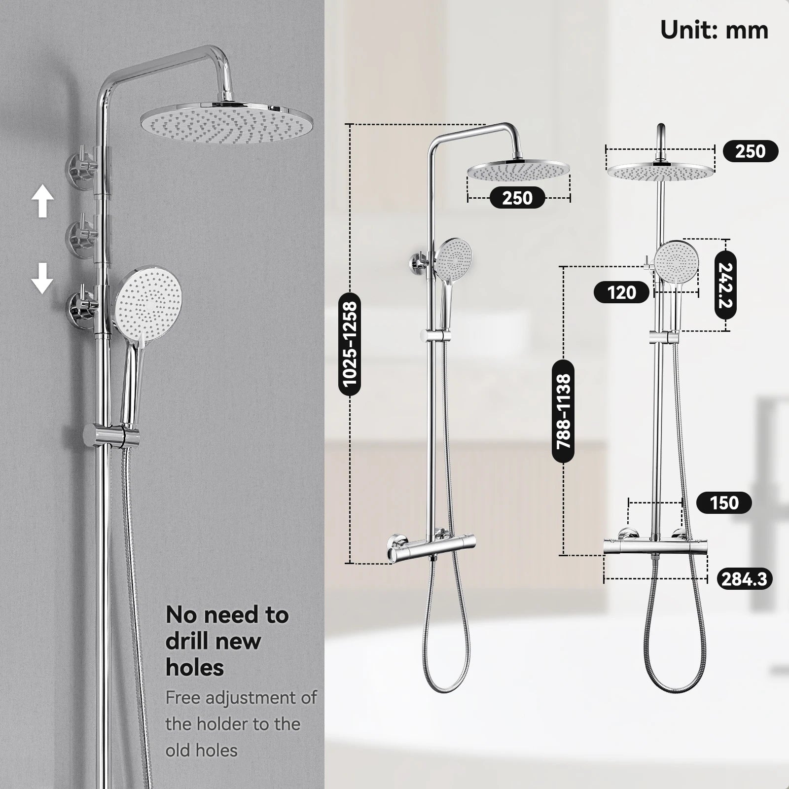 Auralum Shower Column With Thermostatic Tap, 38°C Brass Mixer, Shower Head 25 × 25 Cm, Height Adjustable 102-125cC, Chrome