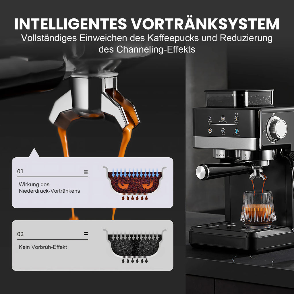 Black espresso machine with built-in grinder brewing coffee into a glass, showing pre-infusion feature diagram.