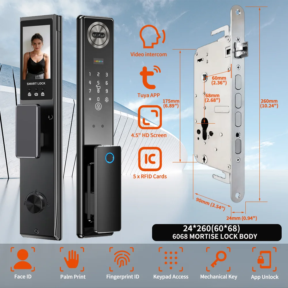 Tuya App Face Recognition Smart Door Lock with WiFi, Camera, and Voice Intercom