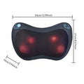 Black, butterfly-shaped shiatsu massage pillow with mesh front, four glowing red massage nodes, and dimension labels.