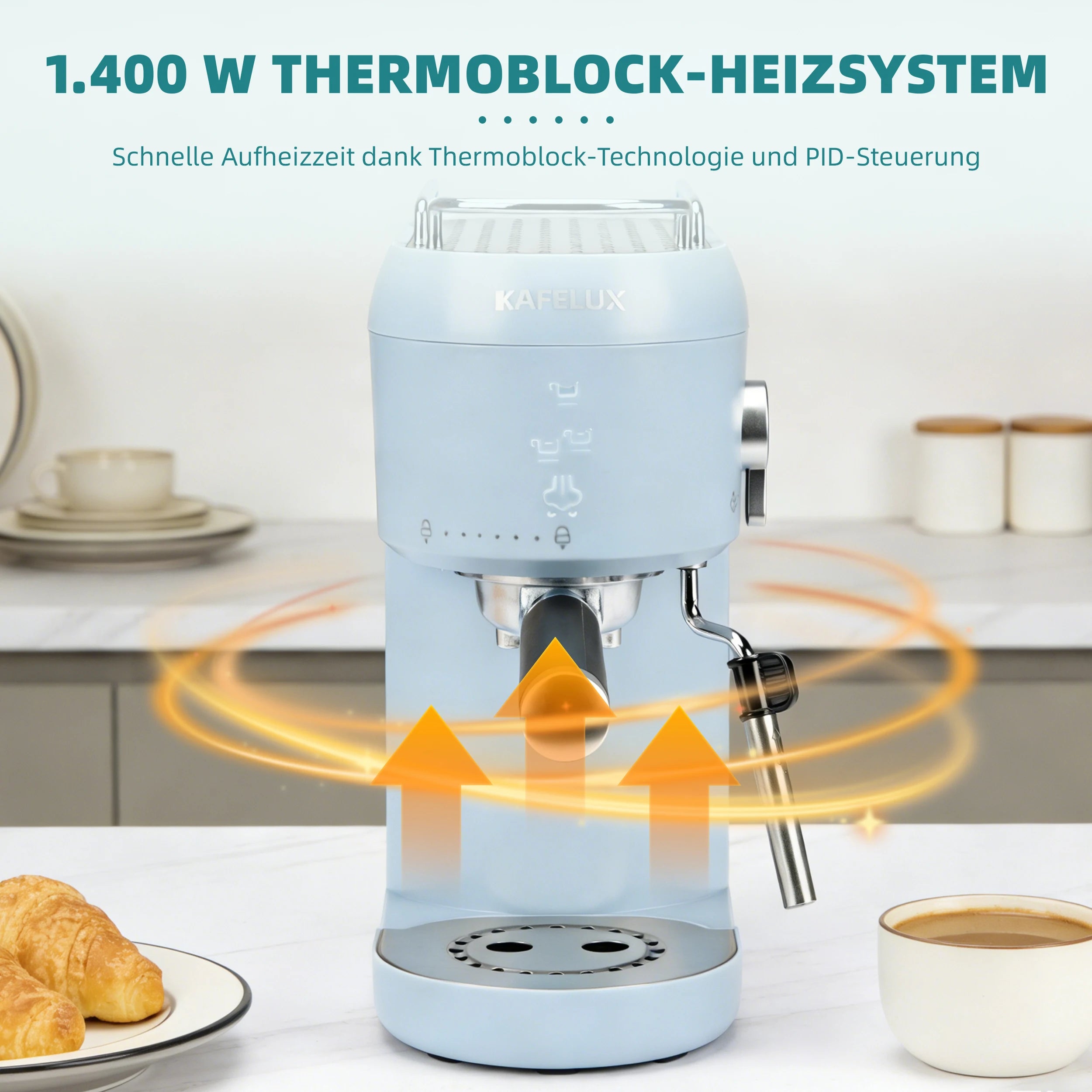 Kafelux light blue 1400W espresso machine with milk frother, Thermoblock heating system, and compact modern design.
