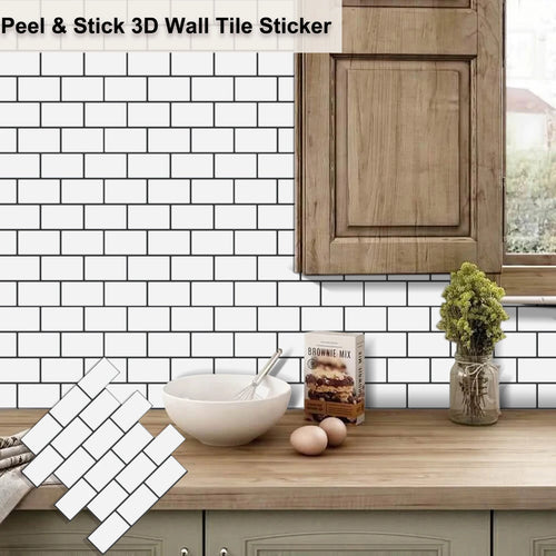 White 3D brick wall sticker tile decals with raised grout lines for kitchen backsplash
