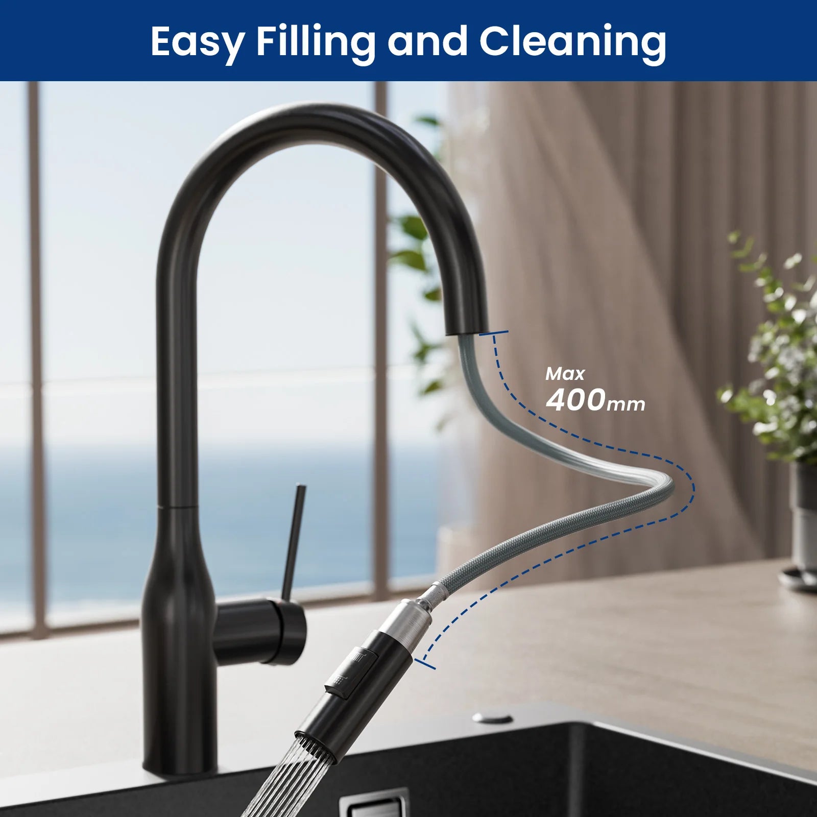 Kitchen Tap Black, Vase Umbrella Shape Pull Down Kitchen Faucet 360 Swivel, 2 Modes Spray Hot Cold Water Mixer, 304 Stainless Steel Sink Mixer, Easy Install DVGW PEX Hose, Standard G3/8 Modern Home Black Water Tap