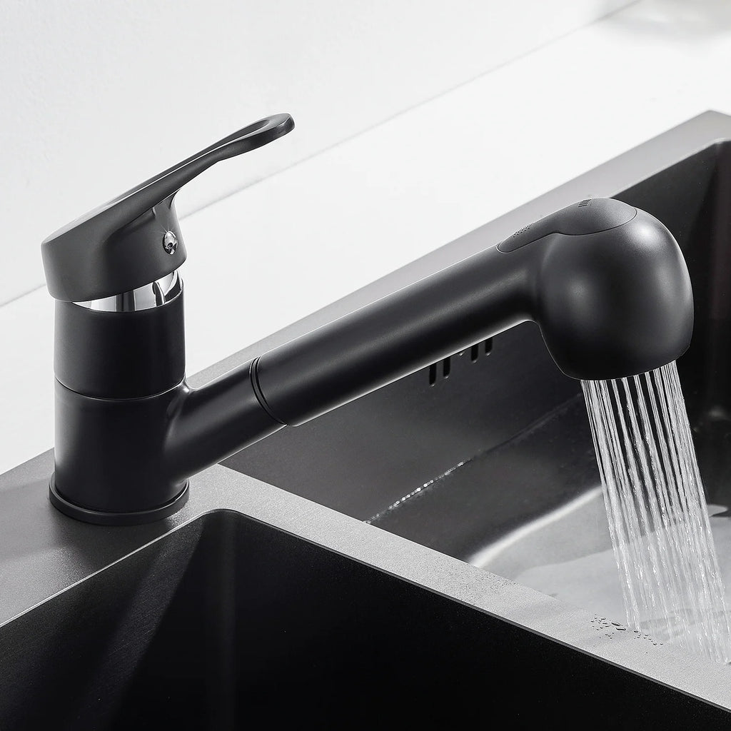 Kitchen Faucet Matte Black, Pull Out Kitchen Tap with 2 Modes Spray, Solid Brass, Deck Mounted 360° Swivel, Sink Mixer, Hot and Cold Water, KTW Certified 50cm Hose, Modern Design, G3/8 Standard