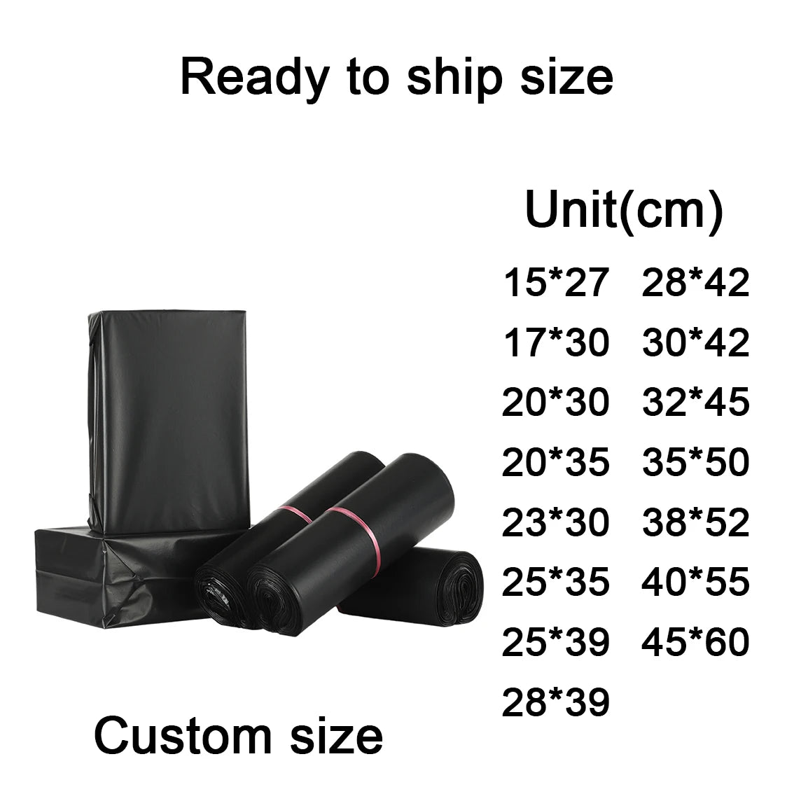 Black courier poly mailer bags, rolled and bundled for mailing