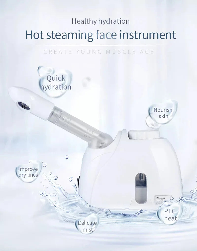 White ozone facial steamer for deep cleaning, home spa, and skin hydration with warm mist vaporizer spray.