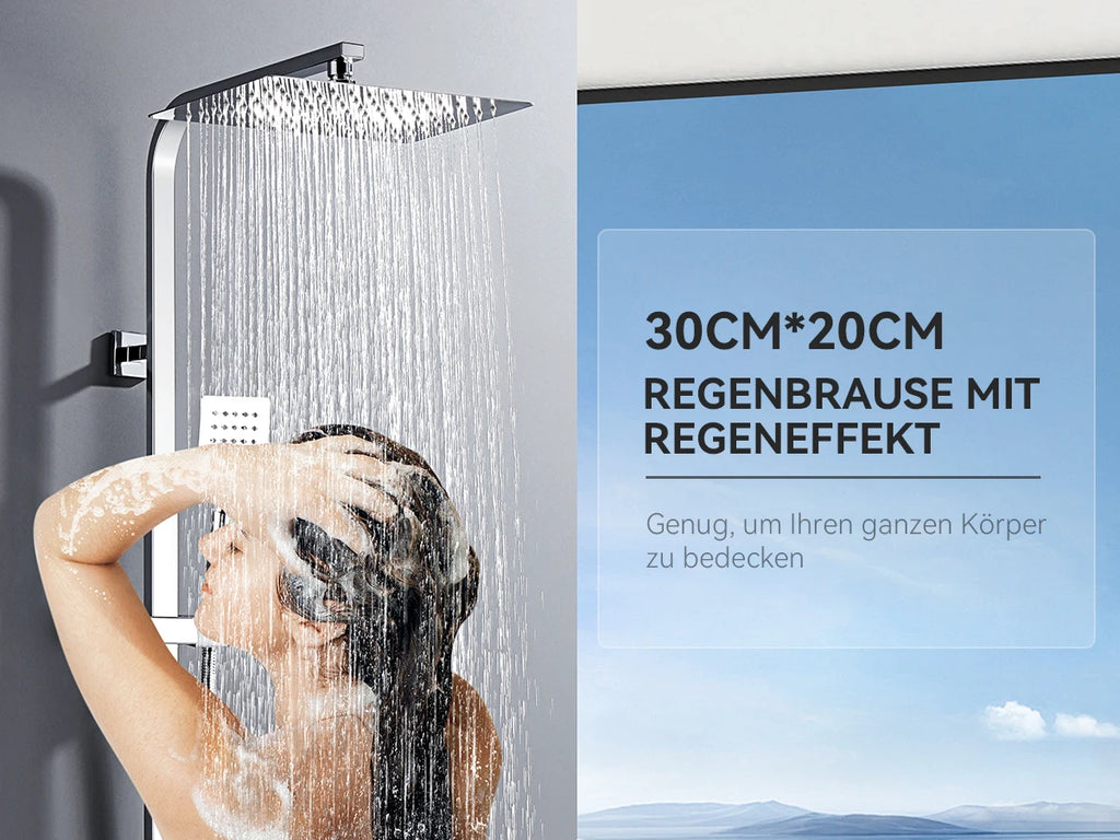 Shower Column with Thermostatic faucet, Wall-mounted Shower System, 30 × 20 cm Rain shower head, suitable for bathtubs