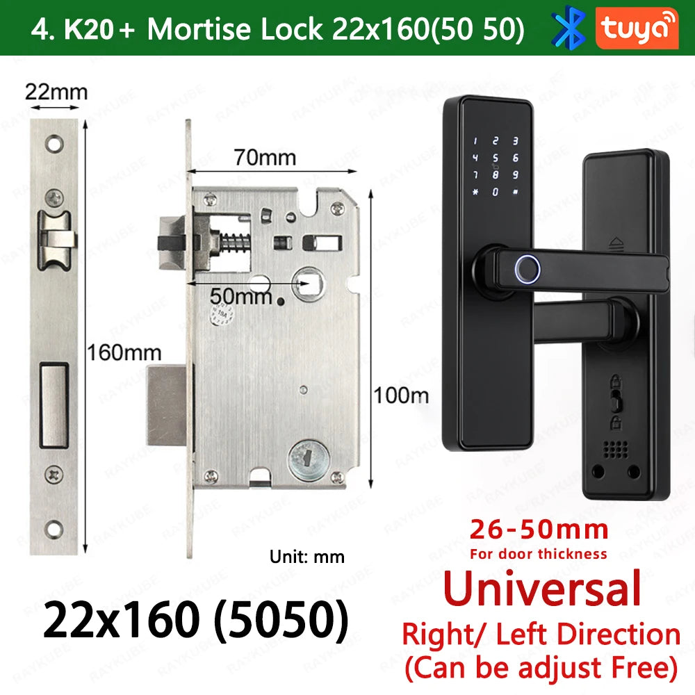 RAYKUBE K20 9-language Biometric Fingerprint Door Lock Electronic Door Lock with  Tuya APP/IC Card/Password/ Key Unlock