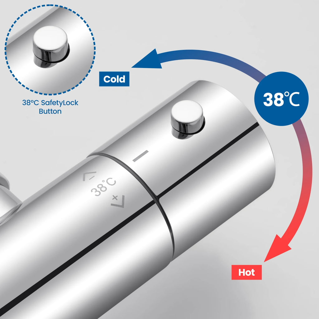 Auralum Thermostatic Shower Faucet, Chrome Mixer with Safety Lock 38°C, G1/2 Thermostatic Cartridge, Anti-Limescale, Anti-scald Protection