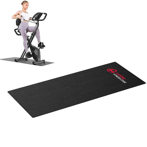 Treadmill mat and smart yoga mat for heavy-duty floor protection under stationary exercise bikes in studio view.