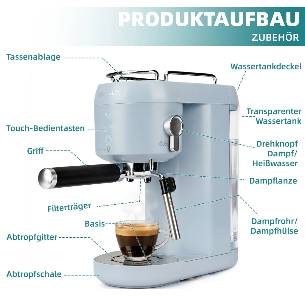 Kafelux light blue espresso machine with steam wand, portafilter, and removable water tank, diagrammed for parts.
