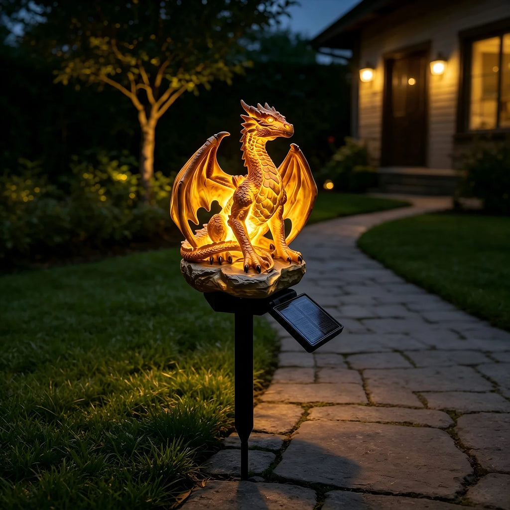 Fantasy Dragon Sculpture Solar Ground Stake Light, High Density Resin Waterproof Solar LED Lawn Lamp, No Wiring Auto Dusk to Dawn Outdoor Decor Light for Garden Walkway Backyard Landscape Decoration