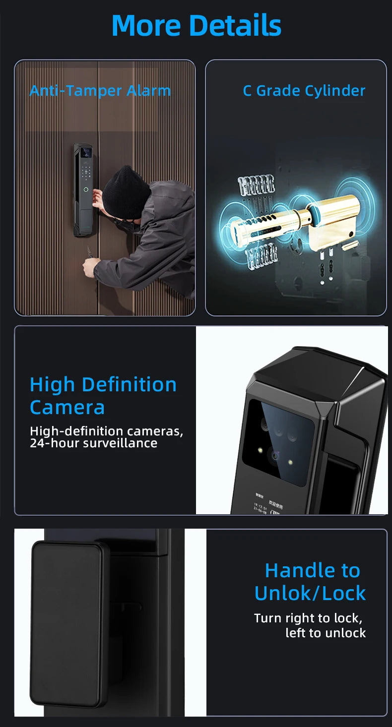 RAYKUBE 21-language Voice Tuya WiFi Camera Palm Vein Smart Fingerprint Lock Face Recognition Digital Lock With Video Call P85