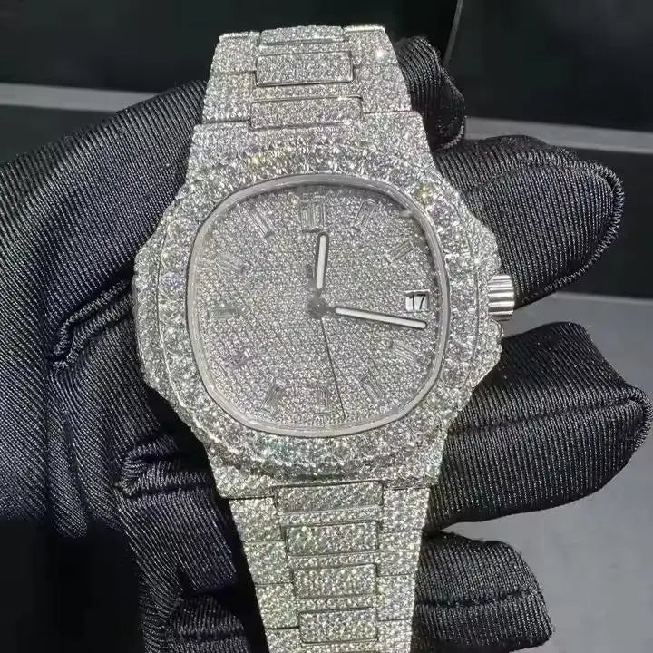 Classic Luxury Fashion Automatic Mechanical ETA Stainless Steel Analog Watch Full Moissanite Diamond Iced Design Simple Elegant