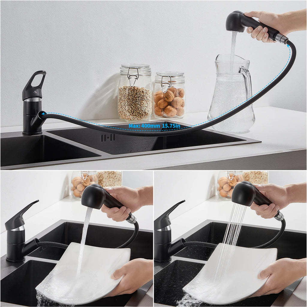 Kitchen Faucet Matte Black, Pull Out Kitchen Tap with 2 Modes Spray, Solid Brass, Deck Mounted 360° Swivel, Sink Mixer, Hot and Cold Water, KTW Certified 50cm Hose, Modern Design, G3/8 Standard