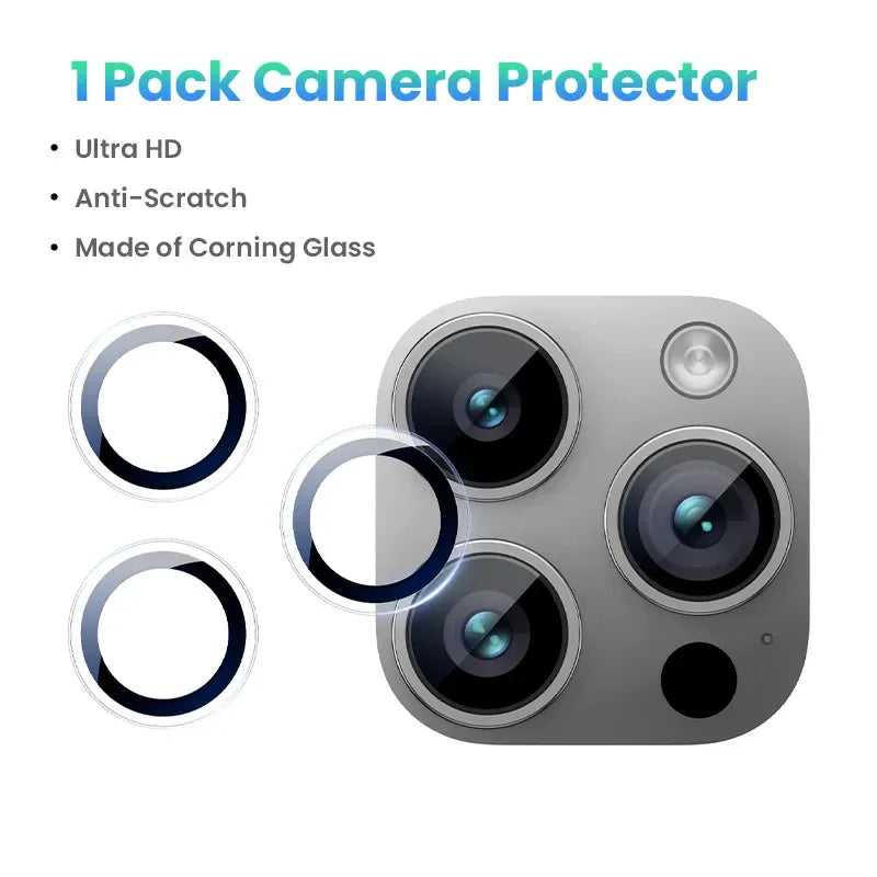 Clear, circular Corning glass camera lens protectors for smartphone camera modules to prevent scratches.