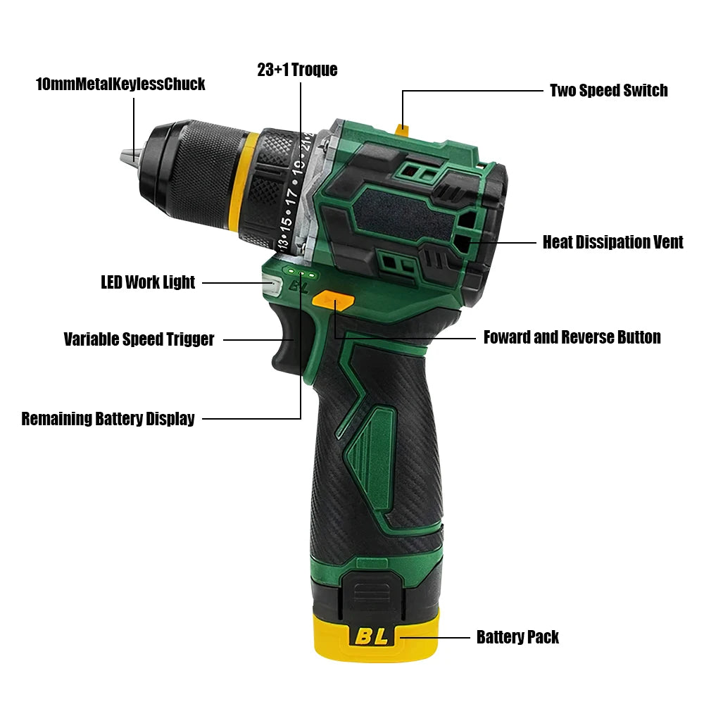 55N.M Torque Brushless Electric Impact Drill 10MM Metal Ratchet Chuck 23+1 Cordless Drill Electric Screwdriver DIY Power Tools