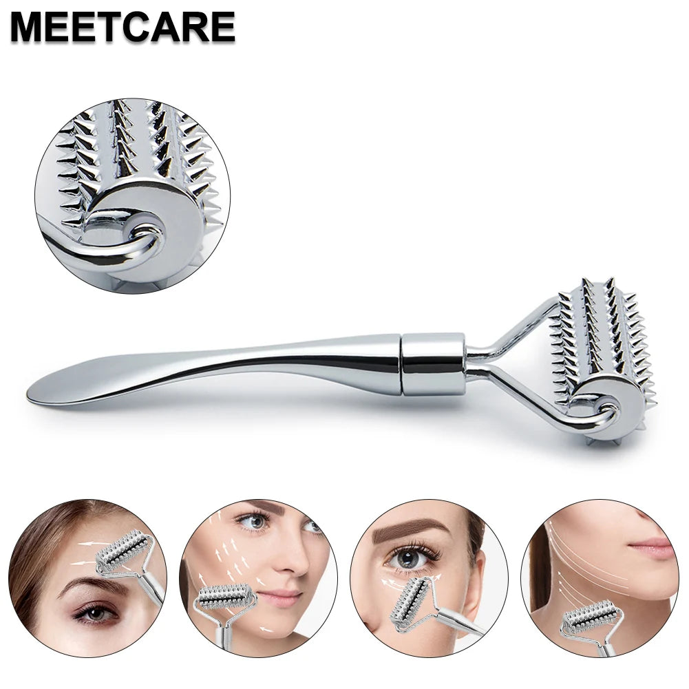Silver zinc alloy facial roller massager with a spiked texture and spatula handle, shown in use on face and neck.