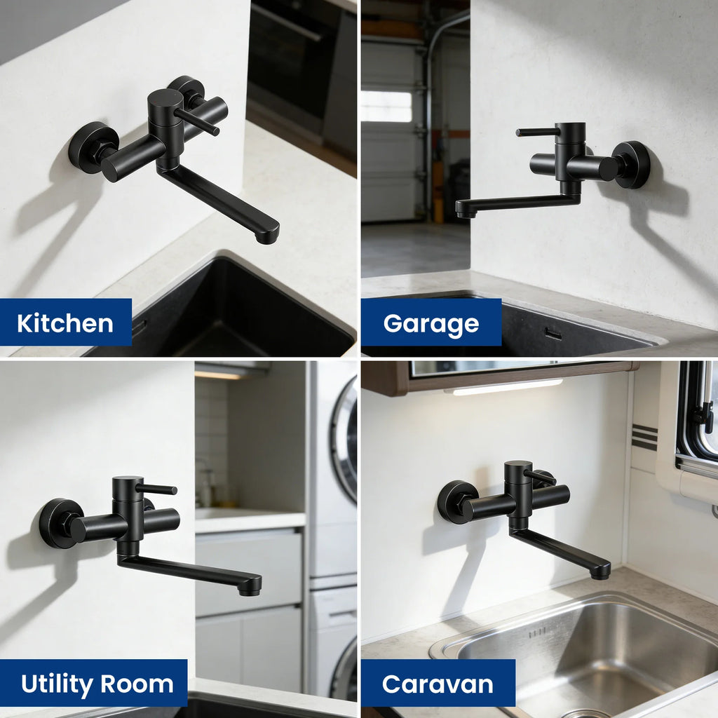 Kitchen Tap Black, Wall Mounted Kitchen Faucet 360 Swivel, Water Saving Hot Cold Mixer 304 Stainless Steel, Single Handle with Aerator, Sink Mixer Tap for Home Modern Design Replacement