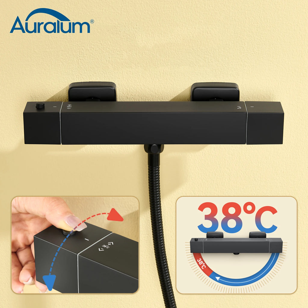 Thermostatic Shower Faucet, Square, Wall-mounted Mixer, Black Thermostatic Mixer, Automatic Thermostat Control, 38°C, G1/2