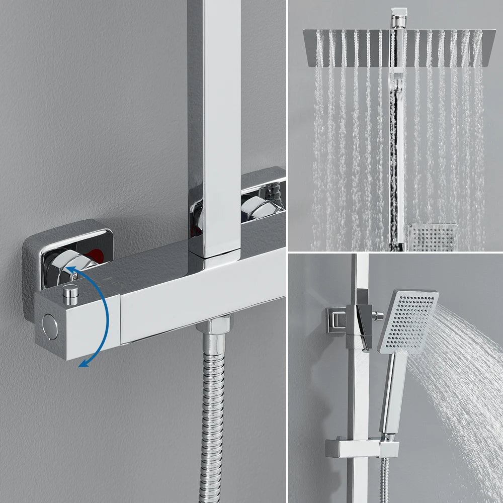 Auralum Thermostatic Shower Column, 38°C Thermostatic Mixer, Stainless Steel Shower System, Brass Faucet,12 inch, Chrome