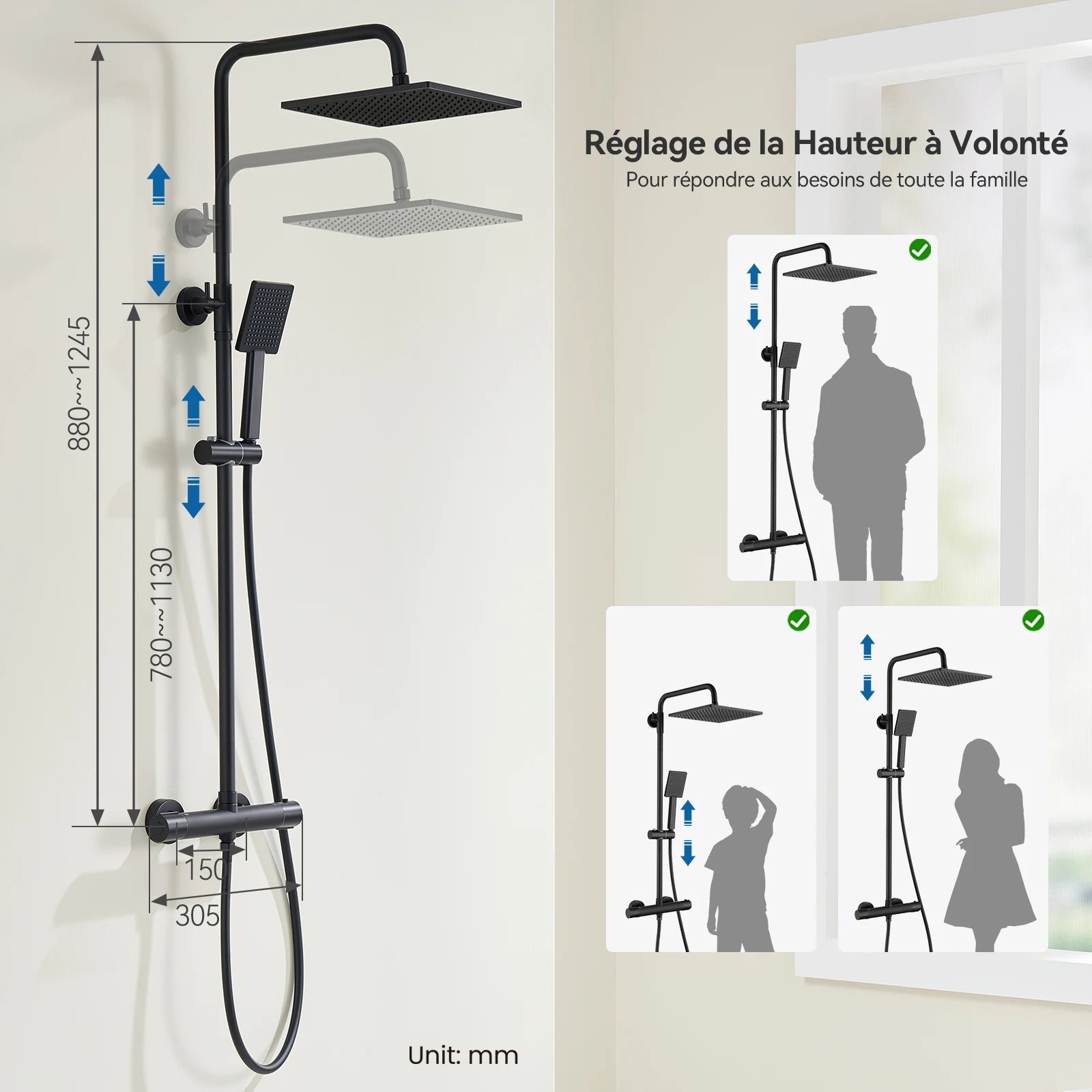 Shower bar with thermostatic mixer tap, anti-scald mixer tap, 25x25 cm shower, adjustable shower bar without drilling, Black