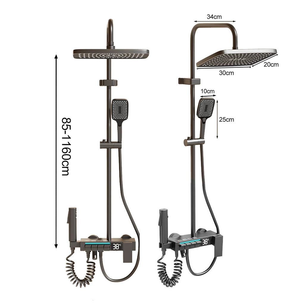 Thermostatic Rainfall Shower System with Digital Temperature Display, Handheld Shower Head Set, Adjustable Bathroom Shower Kit