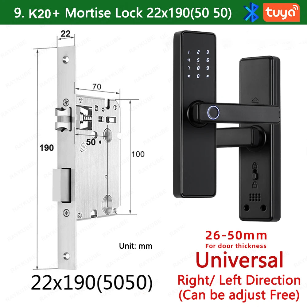 RAYKUBE K20 9-language Biometric Fingerprint Door Lock Electronic Door Lock with  Tuya APP/IC Card/Password/ Key Unlock