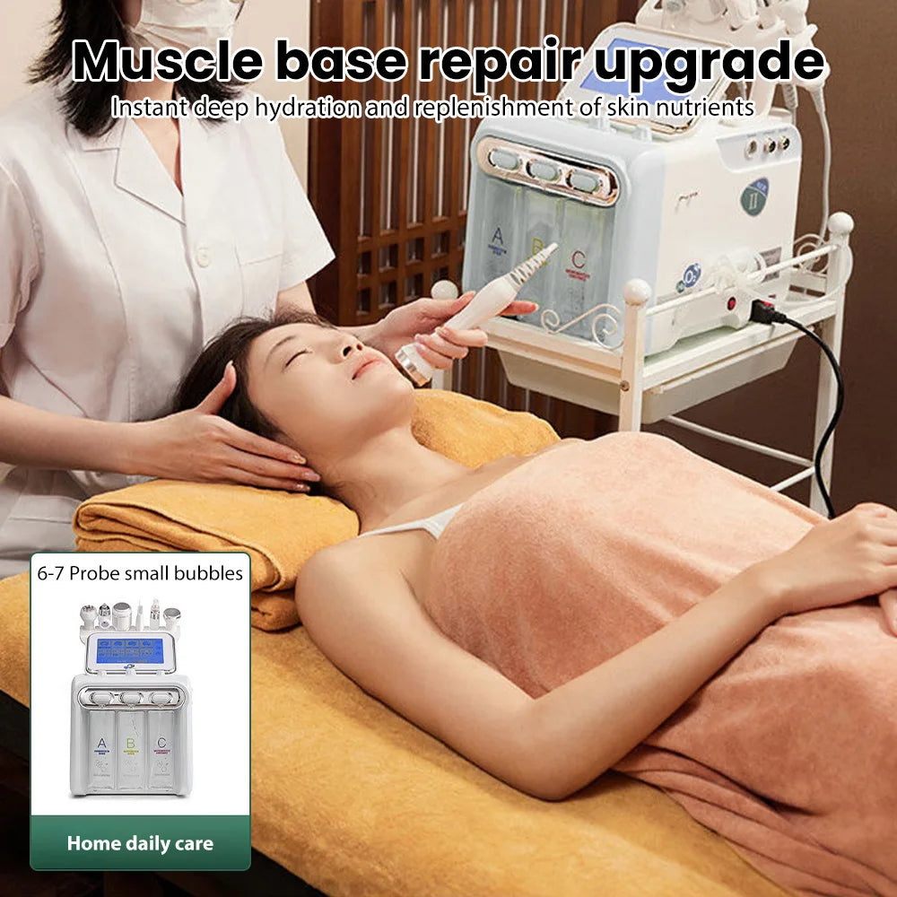 6-in-1 hydro dermabrasion facial machine performing deep cleansing skin rejuvenation spa treatment on a client.