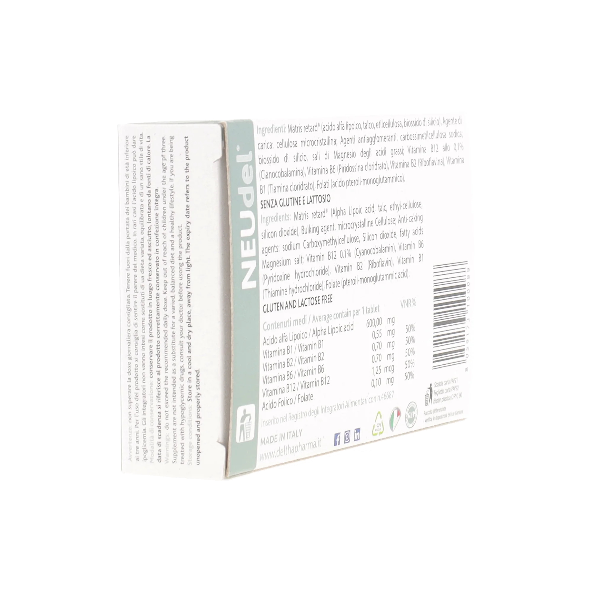 Deltha Pharma NEUdel 20 tablets: Alpha Lipoic Acid and B Vitamins dietary supplement by Tidesmit for nerve health.