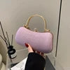 Lilac PU leather evening clutch with gold metal handle and rhinestone clasp, perfect for weddings and formal parties.