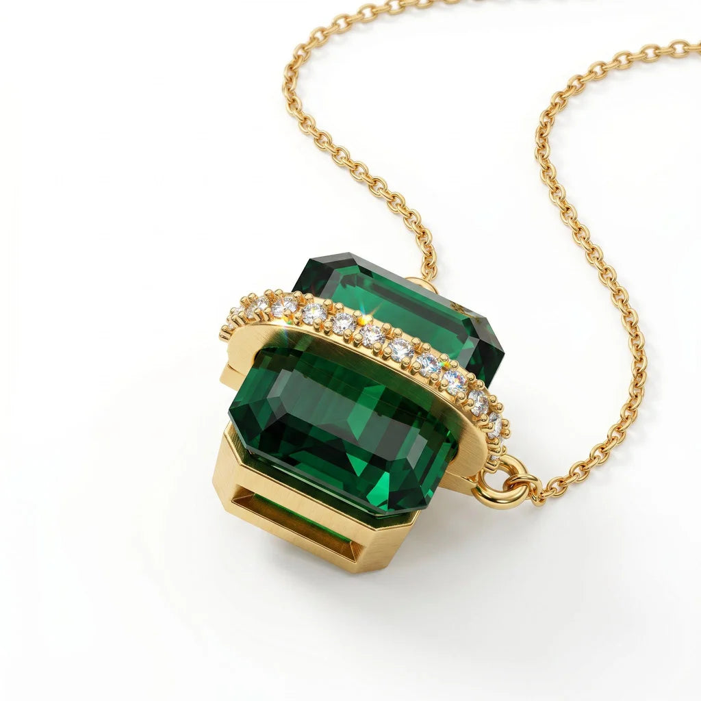 Luxury Gold Necklace with Large Green Gemstone and Sparkling Clear Stones Elegant Women’s Statement Pendant Jewelry
