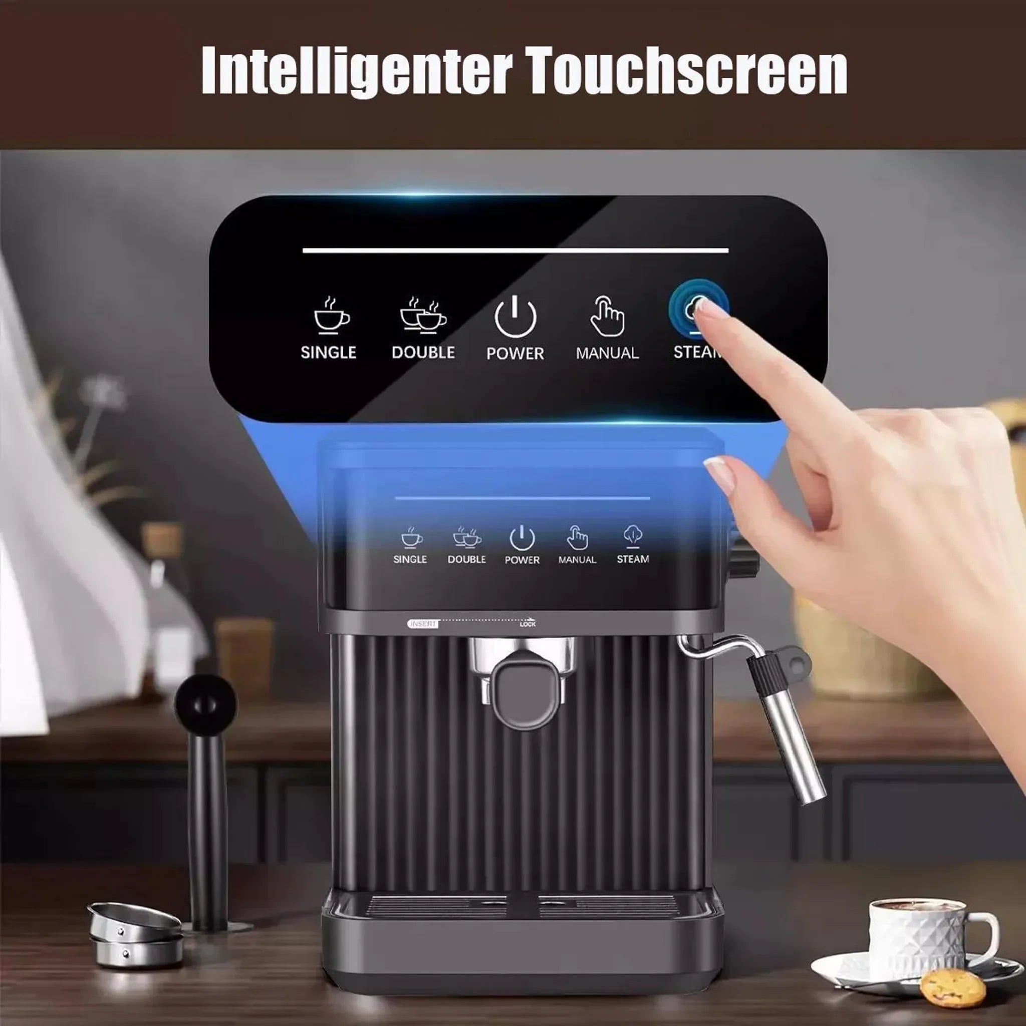 Black espresso machine with touchscreen interface, steam wand, and portafilter on a home kitchen counter.