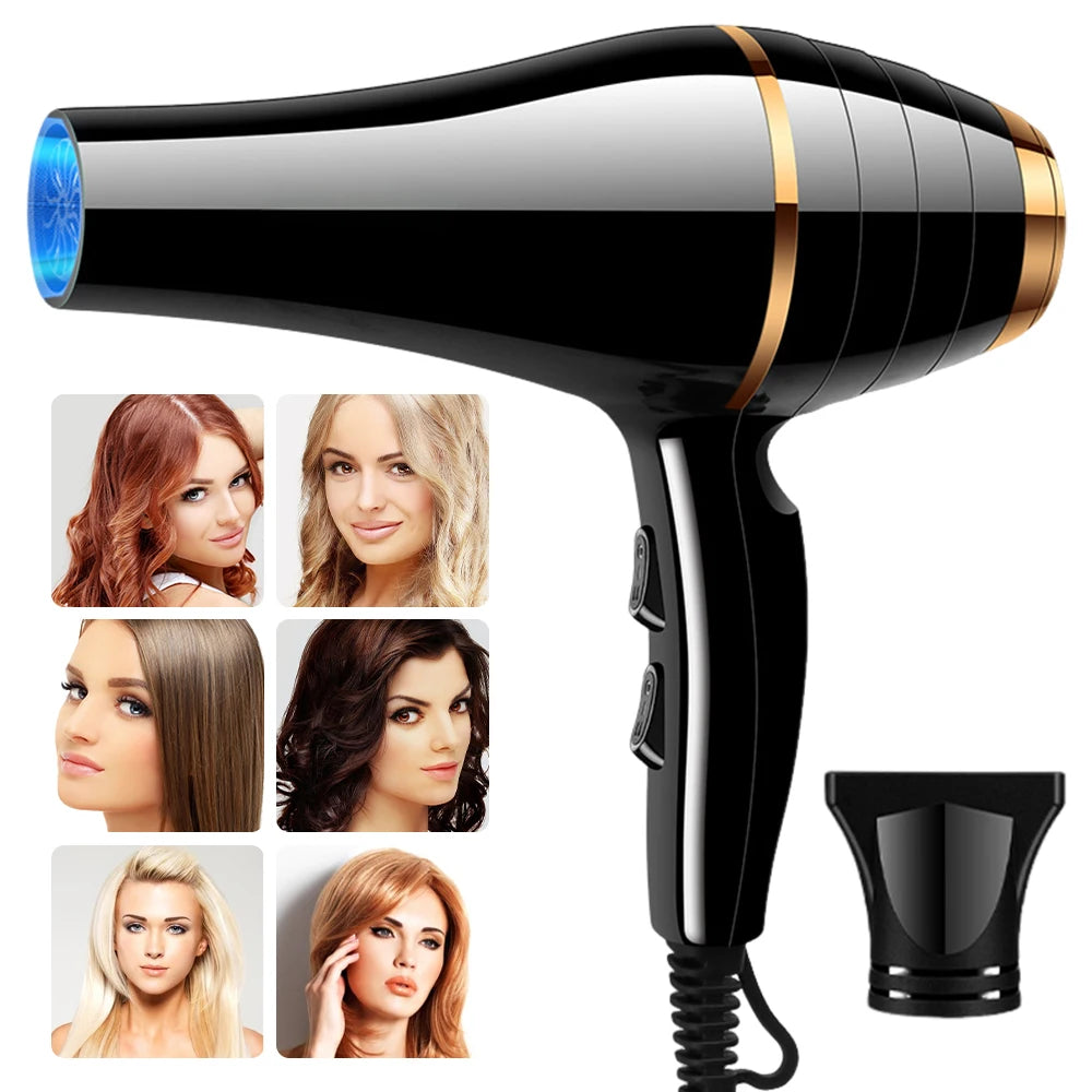 Black professional negative ion hair dryer with nozzle attachment for fast, constant temperature salon-style drying.