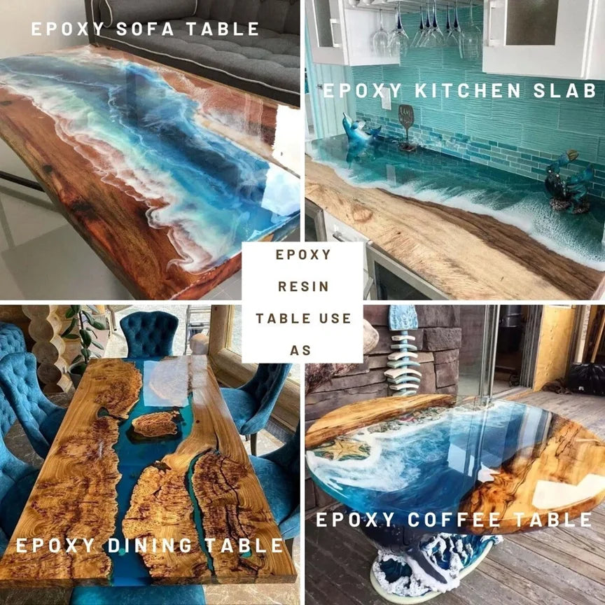 Collage of epoxy resin tables with blue river effect on wood slabs
