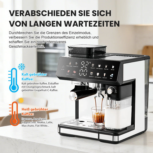 Black and white automatic espresso machine with built-in grinder, milk frother, and digital touchscreen display.