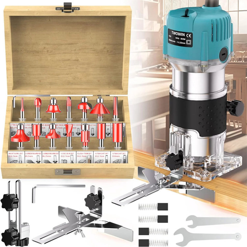 800W 30000RPM Woodmilling Machine Woodworking Electric Trimmer 1/4 inch Wood Carving Milling Cutting Tool Carpenter Set