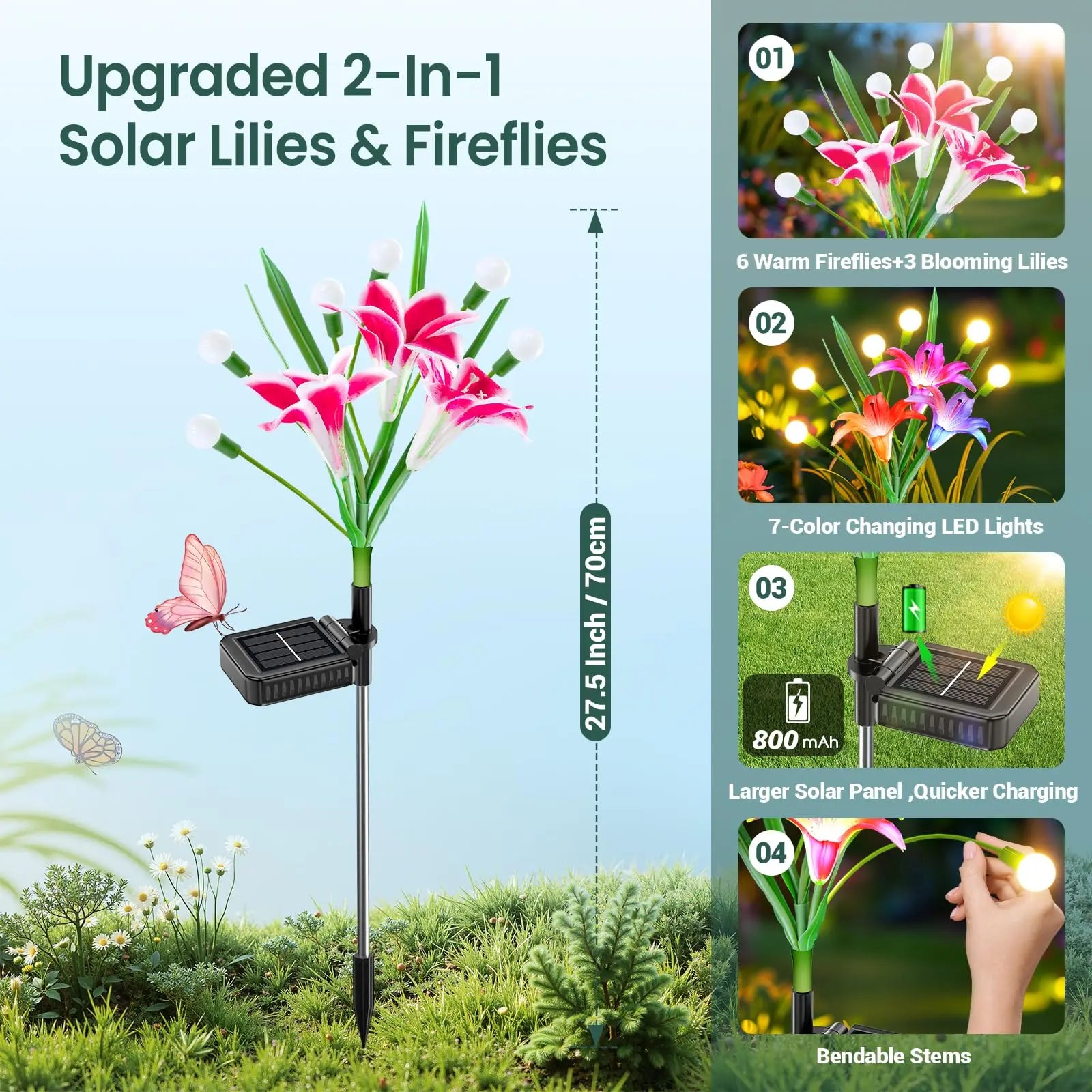 2/4 Pack Upgraded Solar Lights Outdoor Garden Decor:  Solar Firefly Swaying Light with Color Changing LED Lily, Waterproof Decorative Flowers for Yard Patio Pathway Lawn, Gardening Gifts for Women