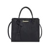 Black luxury designer PU leather tote handbag with gold logo hardware, top handles, and detachable crossbody strap.