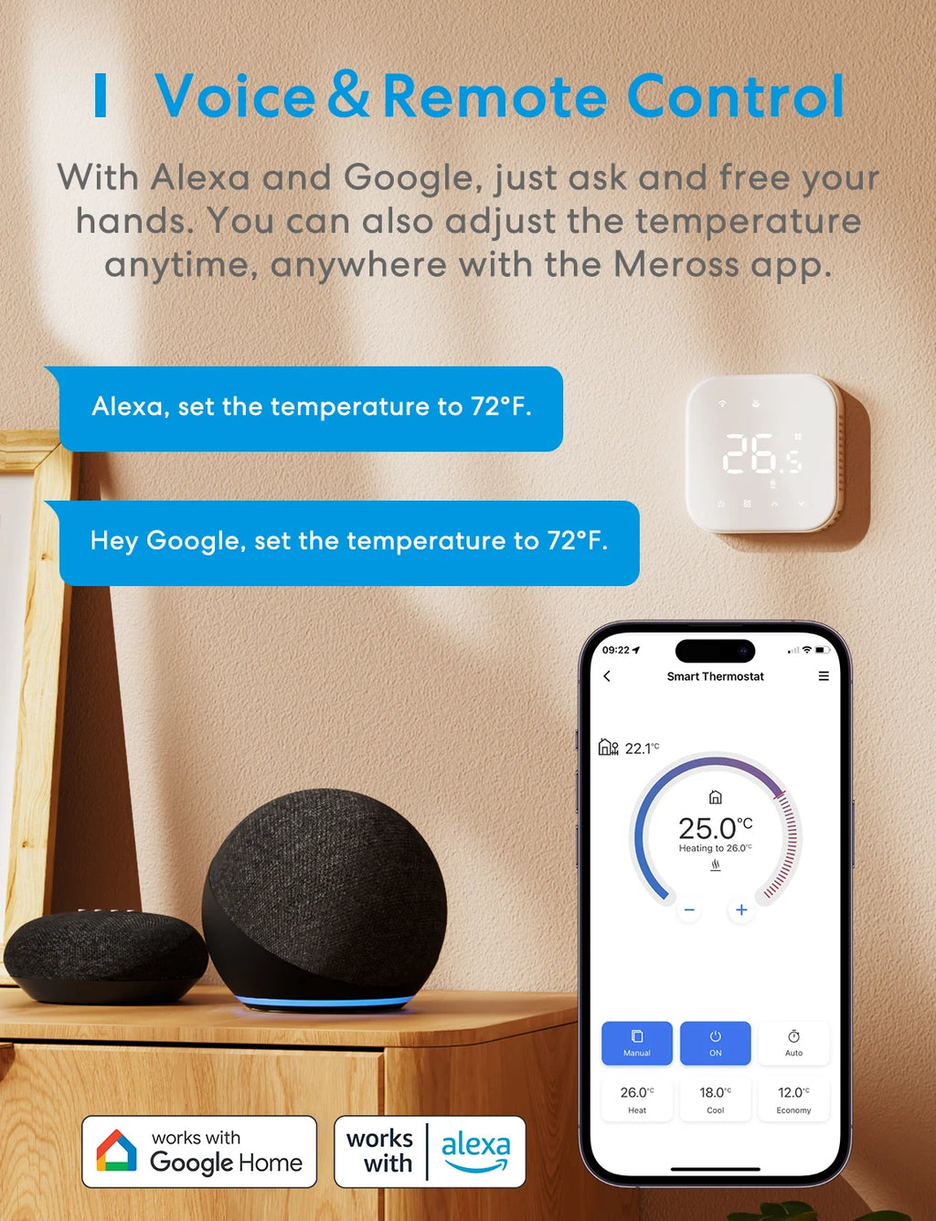 Meross Matter EU Version Thermostat MTS215/MTS215B for Electric or Boiler/Water Heating System Works with Homekit Alexa