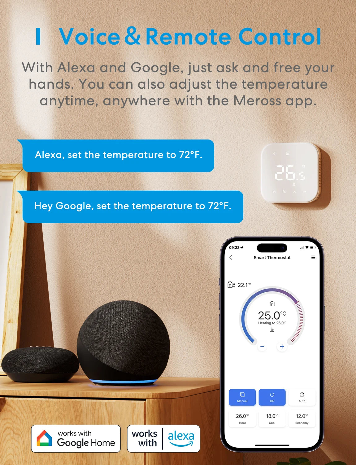 Meross Matter EU Version Thermostat MTS215/MTS215B for Electric or Boiler/Water Heating System Works with Homekit Alexa