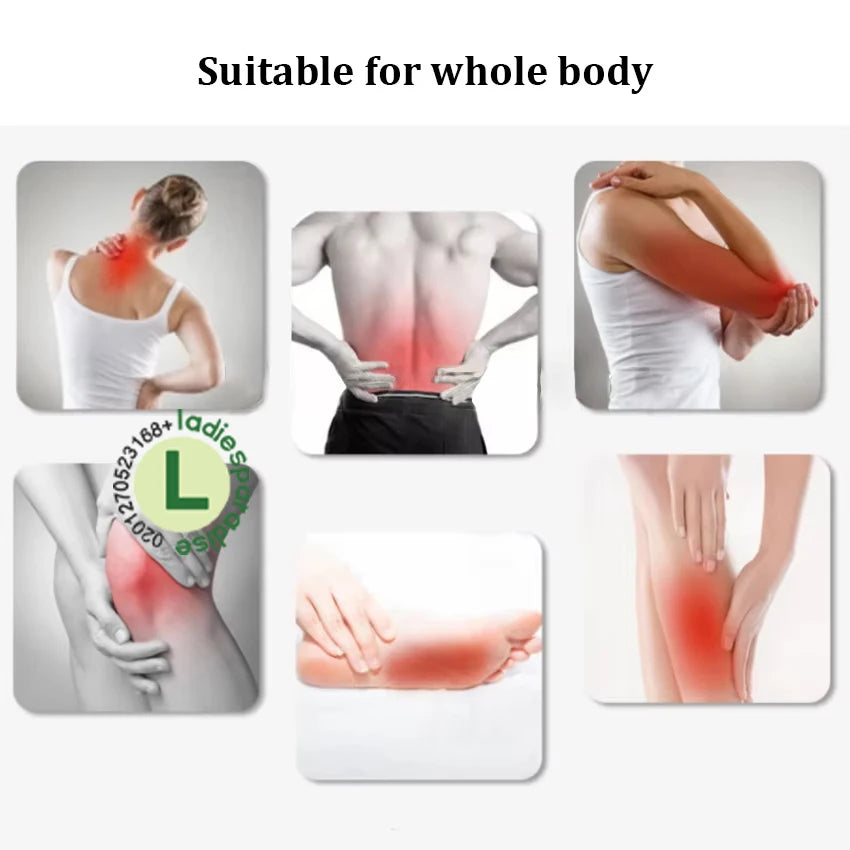 Six diagrams showing red highlights on the neck, back, elbow, knee, foot, and calf to demonstrate full-body pain relief.
