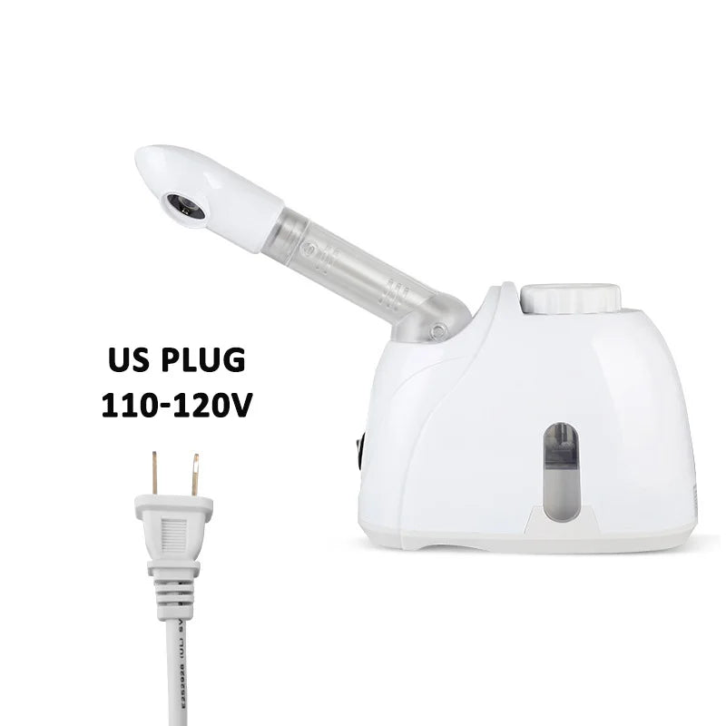 White ozone facial steamer with adjustable spray arm, US plug 110V for home spa deep skin cleaning and moisturizing.