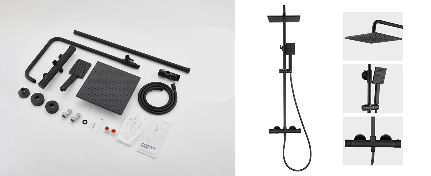 Shower bar with thermostatic mixer tap, anti-scald mixer tap, 25x25 cm shower, adjustable shower bar without drilling, Black